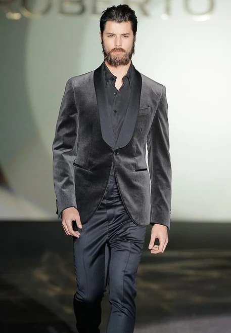 

Black Grey Velvet Men Blazer Shawl Lapel Formal Evening Party Prom Men Suits Slim Fit Terno Masculino Groom Wedding Suits 2 PCS