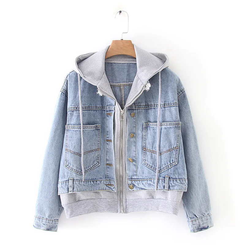 

F2014-Europe And America WOMEN'S Dress 2019 Spring And Autumn New Style Loose-Fit Mock Two-Piece Joint Hooded Jeans Coat Women's