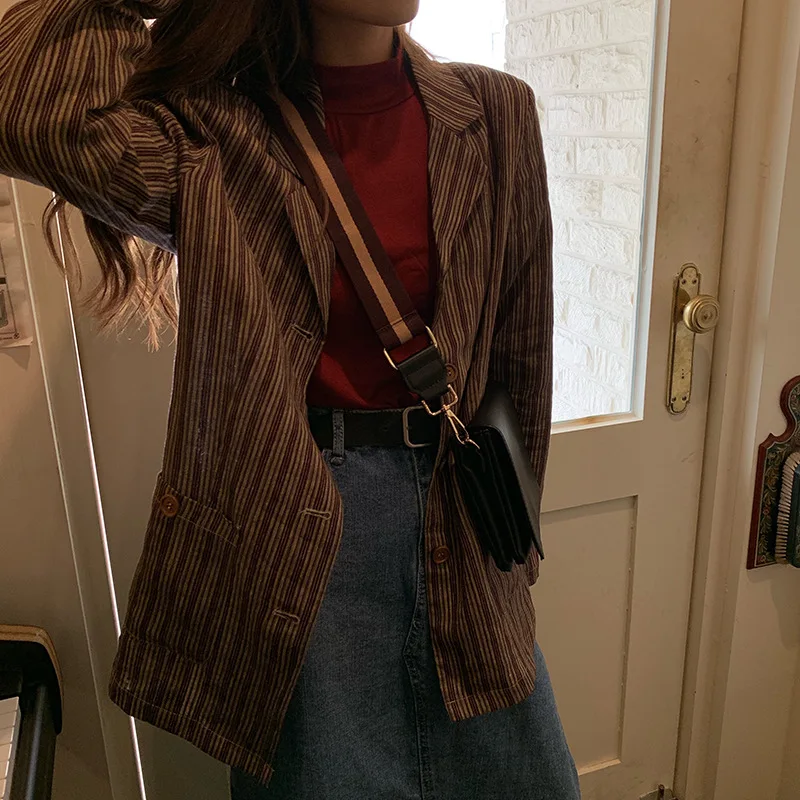 

Contrast Color Stripes Sense of Design Non-mainstream Suit Jacket Women's New Style 2019 Autumn Korean-style Loose-Fit Long Slee