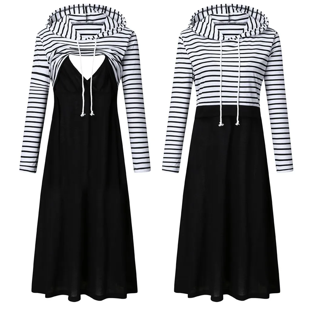 SAGACE Striped Maternity Breastfeeding Dress With Hoodies Long Sleeve Pregnant Woman Nursing Elegant Dresses | Мать и ребенок