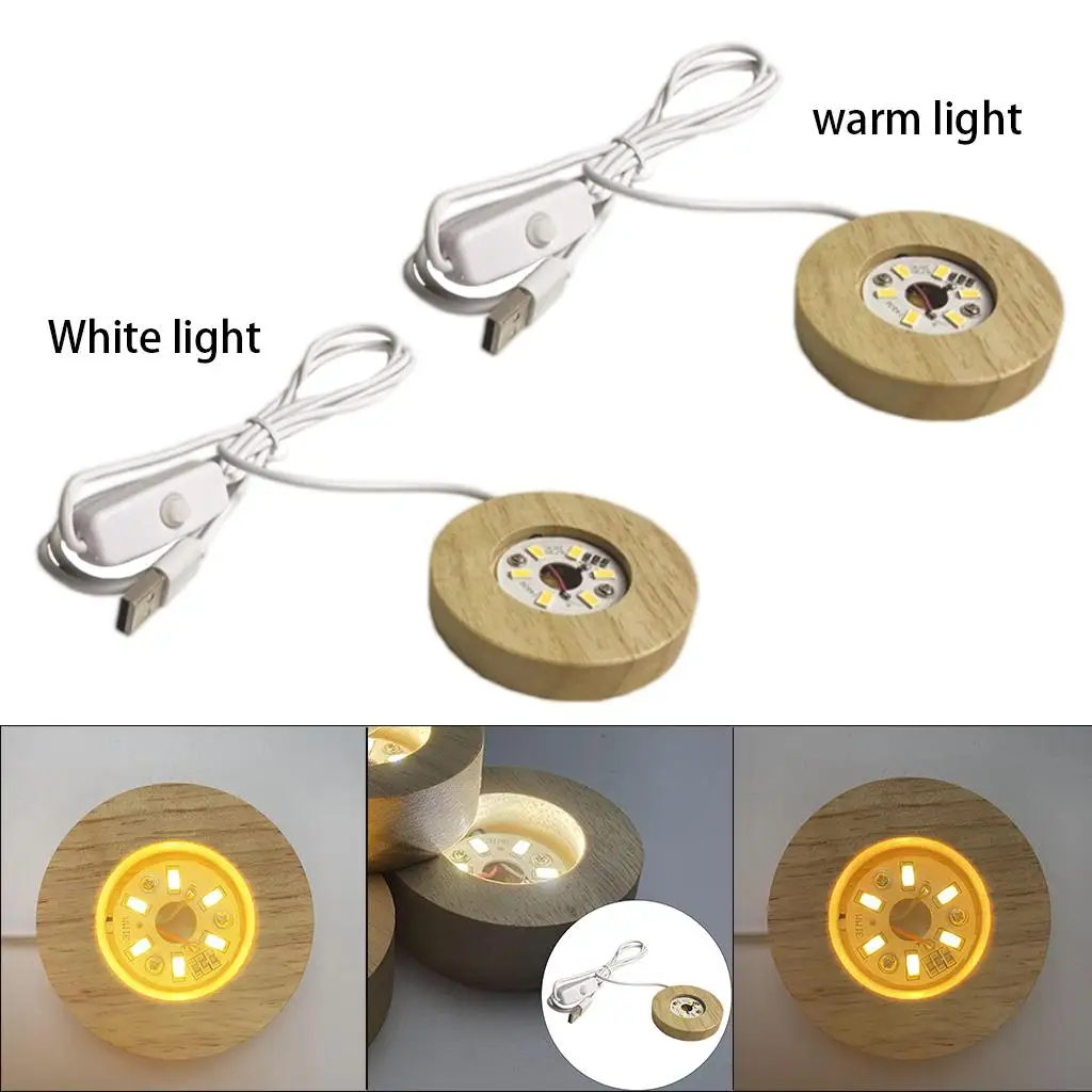 Wood Round LED Night Light Base Art Display Holder USB Lamp for Crystals Glass Ball Resin Art Decoration 80mm