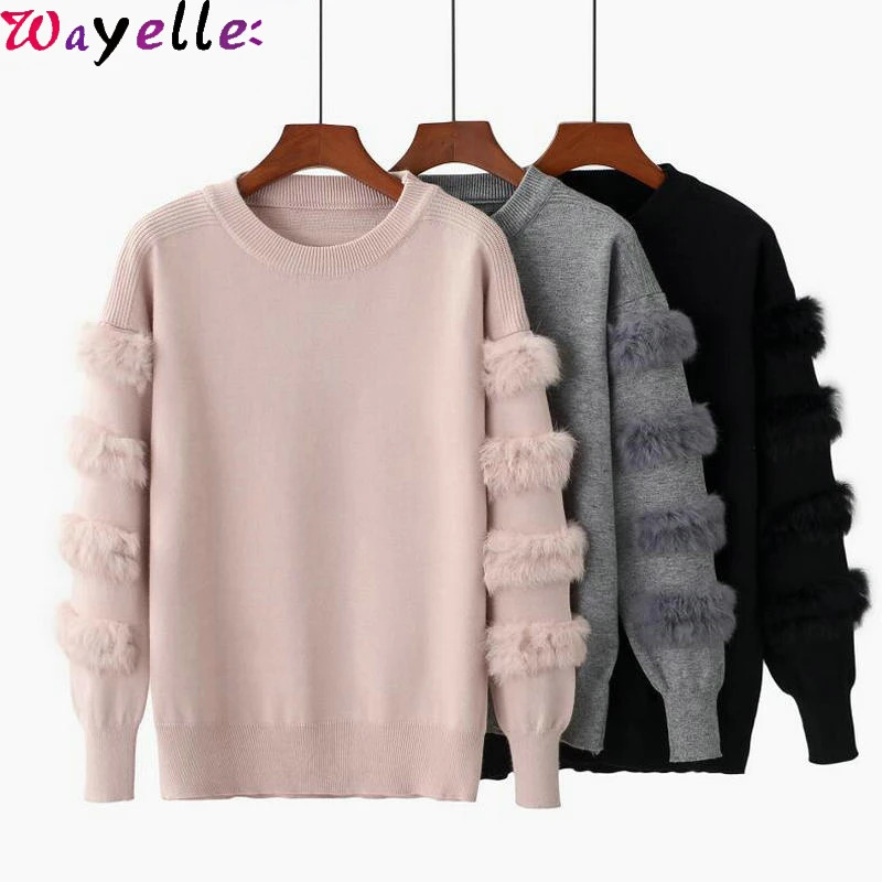

Christmas Sweater Women 2019 Winter Rabbit Fur Sleeves Loose Sweater Female O-neck Causal Knitted Pullovers and Fur Jumpers