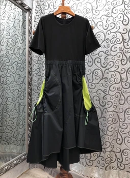 

2020 Spring and Summer New Women's round Neck Back Zipper Decorations Hem Color Panel Short-Sleeved Micro-Peng Dress 629