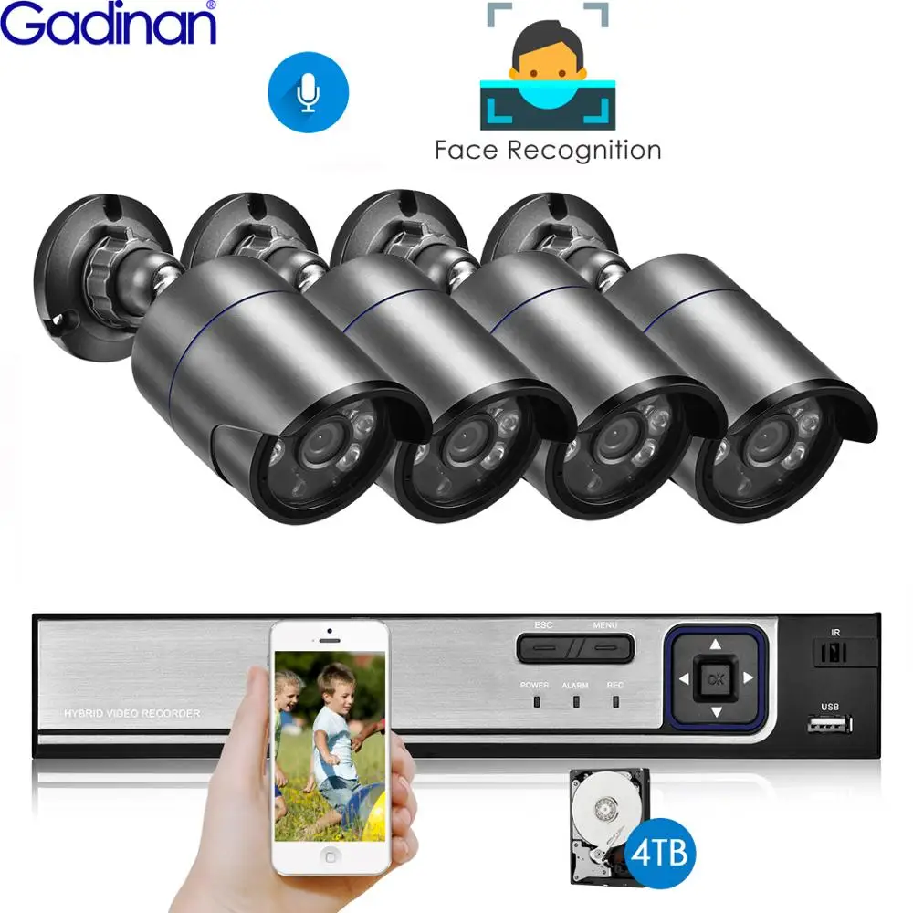 

Gadinan 4CH 5MP POE NVR Face Recognition Kit CCTV System Audio AI 5MP Security IR IP Camera Outdoor ONVIF Video Surveillance Set