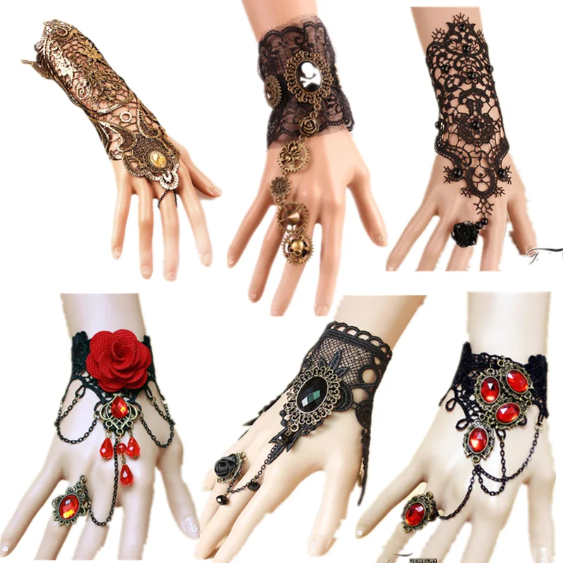 Vintage Steampunk Gloves Wrist Cuff  Black Victorian Bracelet Fairy Tail Superhero Lace Handwear Halloween Costume Accessories