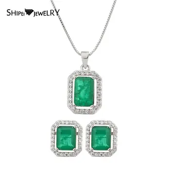 

Shipei Vintage 925Sterling Silver Radiant Cut Emerald Greated Moissanite Gemstone Earrings/Pendant/Necklace Wedding Jewelry Sets