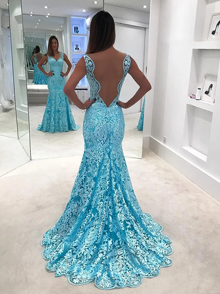 Ice Blue Новые сексуальные прозрачные синие кружевные вечерние платья с открытой спиной новейшая "Русалка" v-образный вырез Выпускные платья вечерние платья длиной до пола Вечерние платья - Цвет: Ice Blue
