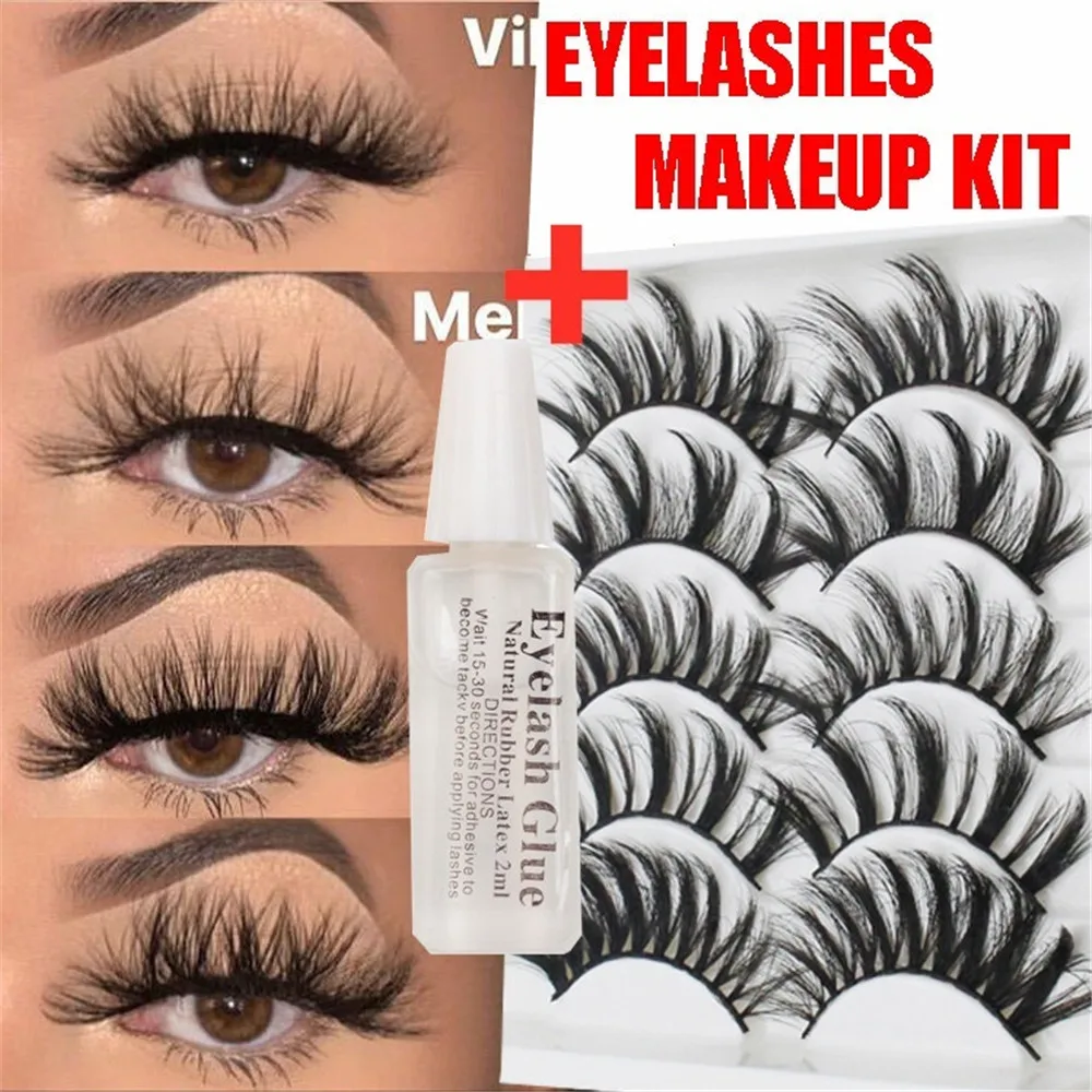

5Pairs 3D Faux Mink Hair False Eyelashes Natural/Thick Long Eye Lashes Wispy Fluffy Lashes Makeup Beauty Extension with Glue Set