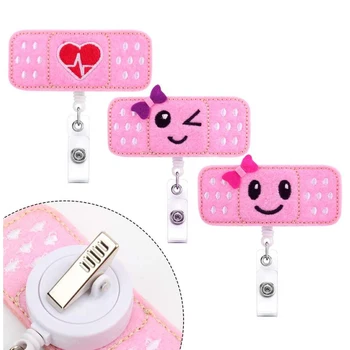 

Cute Smile Face Name Id Retractable Pink Bandaid Reel Badge Holder