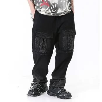 

Male Streetwear Hip Hop Loose Wide Leg Jeans Trousers Men Removable Leg Casual Denim Cargo Pant