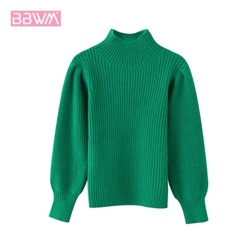 

Women's Fashion Lantern Sleeve Sweater Turtleneck Sweater Female Green Warm Knit Sweater Loose-fitting and Thickened Coat