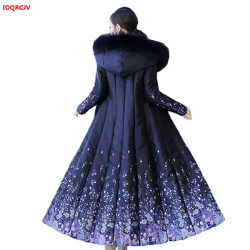 

X-Long Women's Winter Down Cotton Jacket Female Parkas Vintage Jacquard Fur Collar Hooded Outerwear Thick Warm Winter Coat W1562