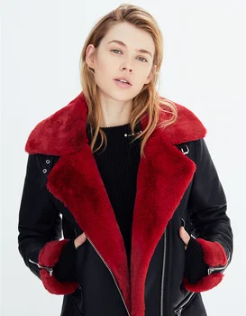 

Women Faux Leather Jacket with Fur Autumn Black Lamb Cashmere Velvet Flocking Short Thick Zipper Casual Punk Bomber Jackets