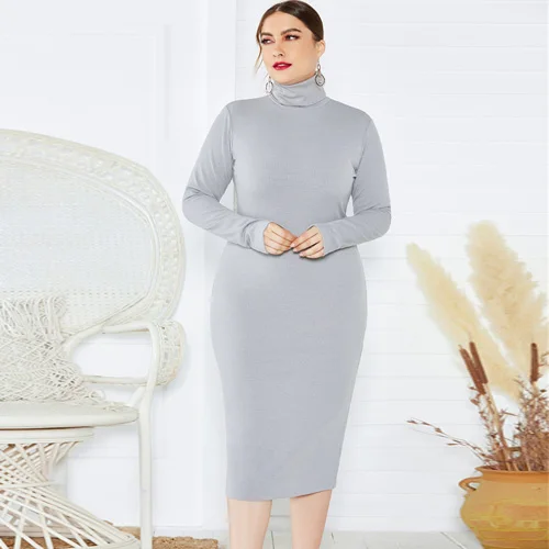 BHflutter 4XL 5XL 6XL Plus Size Winter Dress Women Long Sleeve Turtleneck Knitted Dress Ladies Sexy Bodycon Vintage Dresses - Цвет: Серый