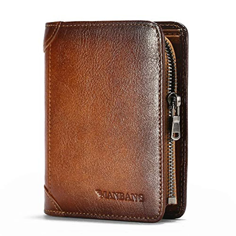 ManBang Men Wallet Zipper Genuine Leather RFID Card Holders Cowhide Zip