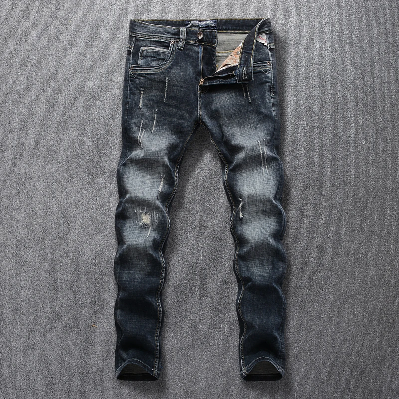 

Italian Style Fashion Men Jeans Retro Black Blue Slim Fit Ripped Jeans Men Denim Pants Vintage Designer Classical Jeans Homme