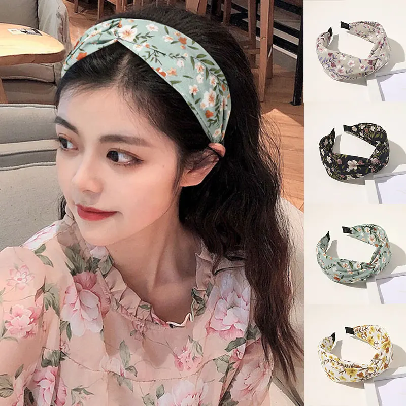 Женская повязка на голову с цветочным принтом широкая узлом аксессуар для волос