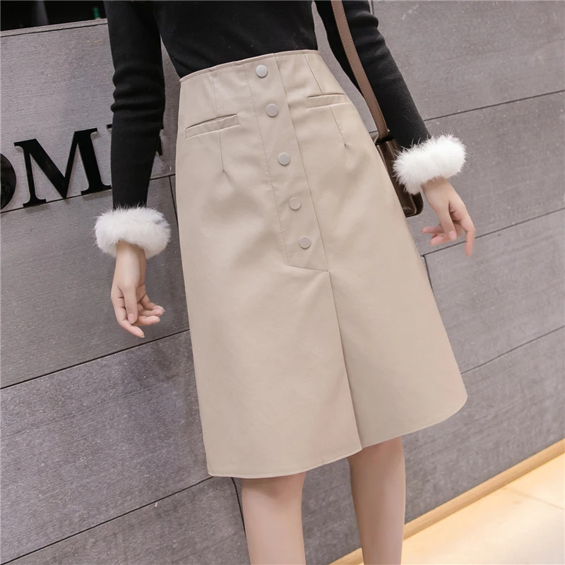 

2019 Autumn Winter New Women Leather Skirt Korean Office Lady Elegant Single Breasted A-Line Midi Skirts