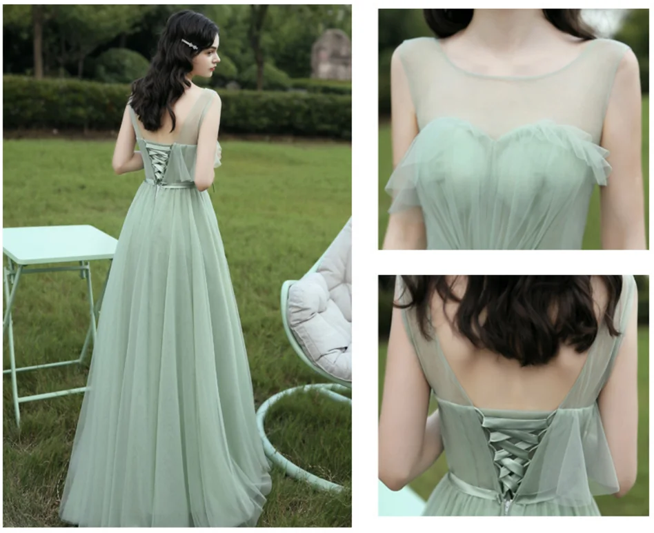 Vestidos De Festa New Elegant Green Bridesmaid Dresses Tulle Sleeves Ruffles Vestidos Verdes Formal Long Party Gown Real Price