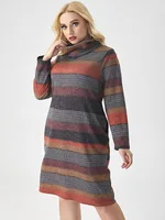 Fall Plus Size woclothing Long sleeve Contrast stripes dress fashion ladies elegant The collar can be detached