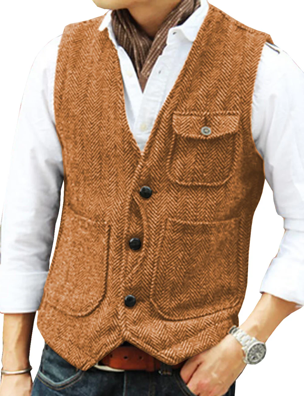 Men's Vest Brown Herringbone Wool Tweed V Neck Single Breasted Retro Tooling Vest Male Gentleman Business Waistcoat For Wedding men's blazers Suits & Blazer