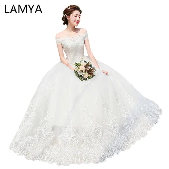 

LAMYA Tulle Blanco Robe Mariage Wedding Dresses Lace Princess Elegant Blanco Applique Brush Bridal Gowns Lace up Boda Boat Neck