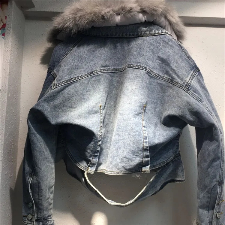 New Loose Women Denim Coat Female Real Rabbit Fur Line Denim Jacket Long Sleeve Jeans Jacket With Fur Parka Outwear Thick