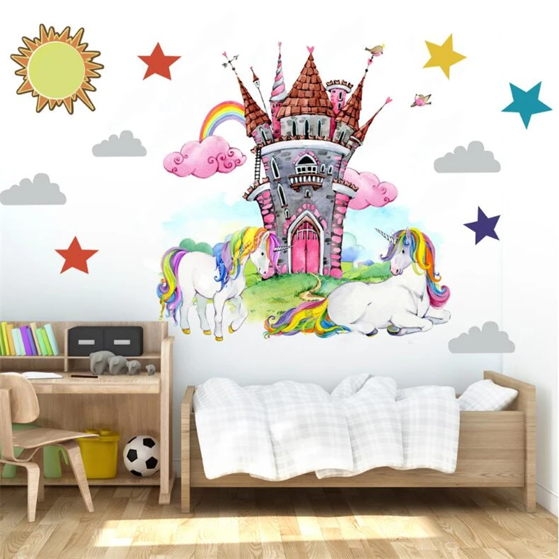 Oversized cartoon unicorn castle wall sticker living room bedroom home decoration modern art mural wall stickers for kids rooms