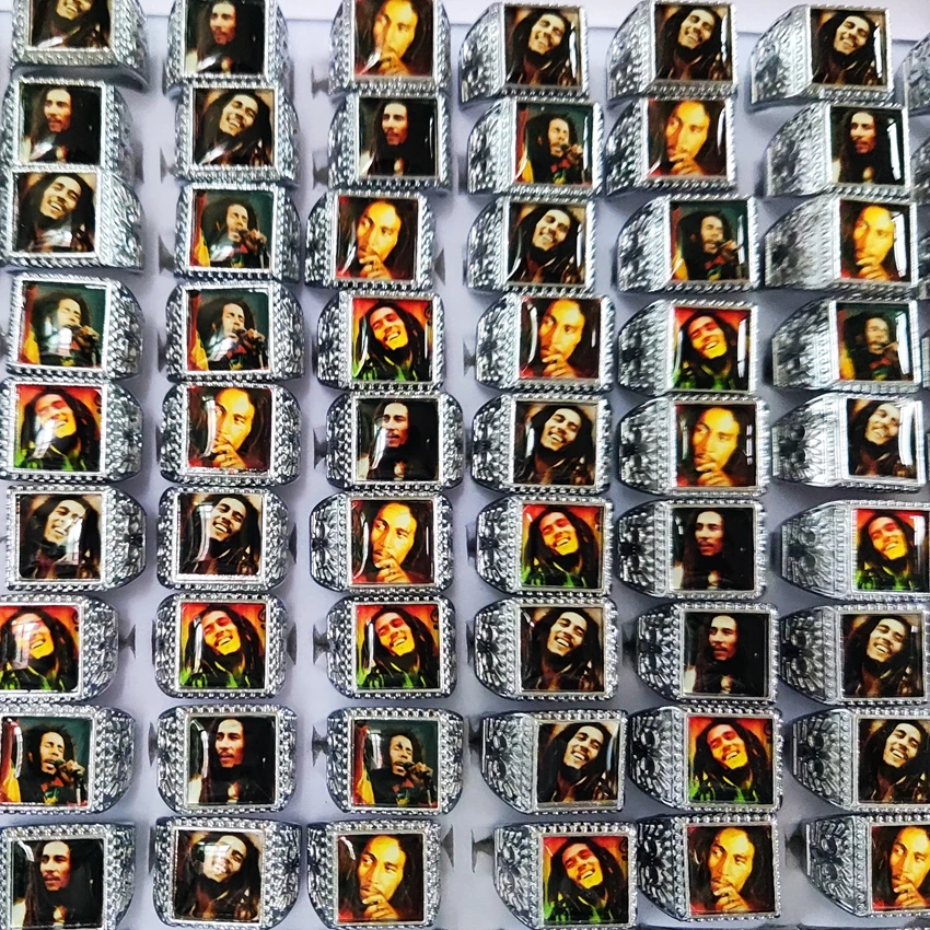 20/ 50pcs Wholesale Mix lot Bob Marley Ring Men's Punk Rocker Silver Plated Alloy Ring Male Party Jewelry Man Gift 2