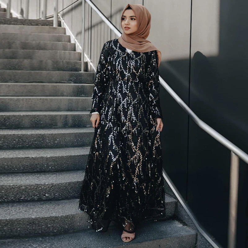 Sequin abaya Дубайский хиджаб мусульманское платье Абая для женщин Кафтан Marocain кафтан Tesettur Elbise турецкие платья Исламская одежда - Цвет: Black abaya