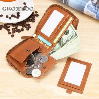 

GROJITOO First layer cowhide casual men wallet zipper wallet Male Pocke Women Purse Bifold Short Wallets Coin Bag Card Pocket