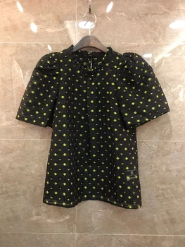 

2020 Spring and Summer New Women's Pleated Neckline Jacquard Decorative Short-Sleeved All-match Top 710