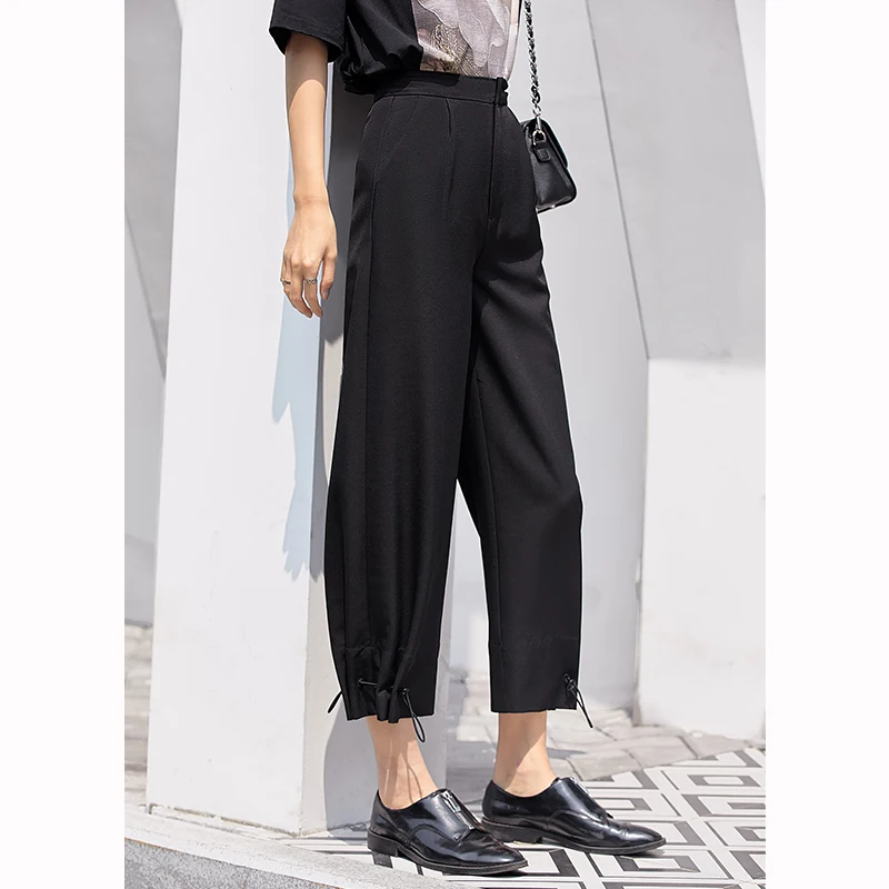 Amii very simple handsome fashion French casual pants women summer new rope pleated straight pants - Цвет: Black