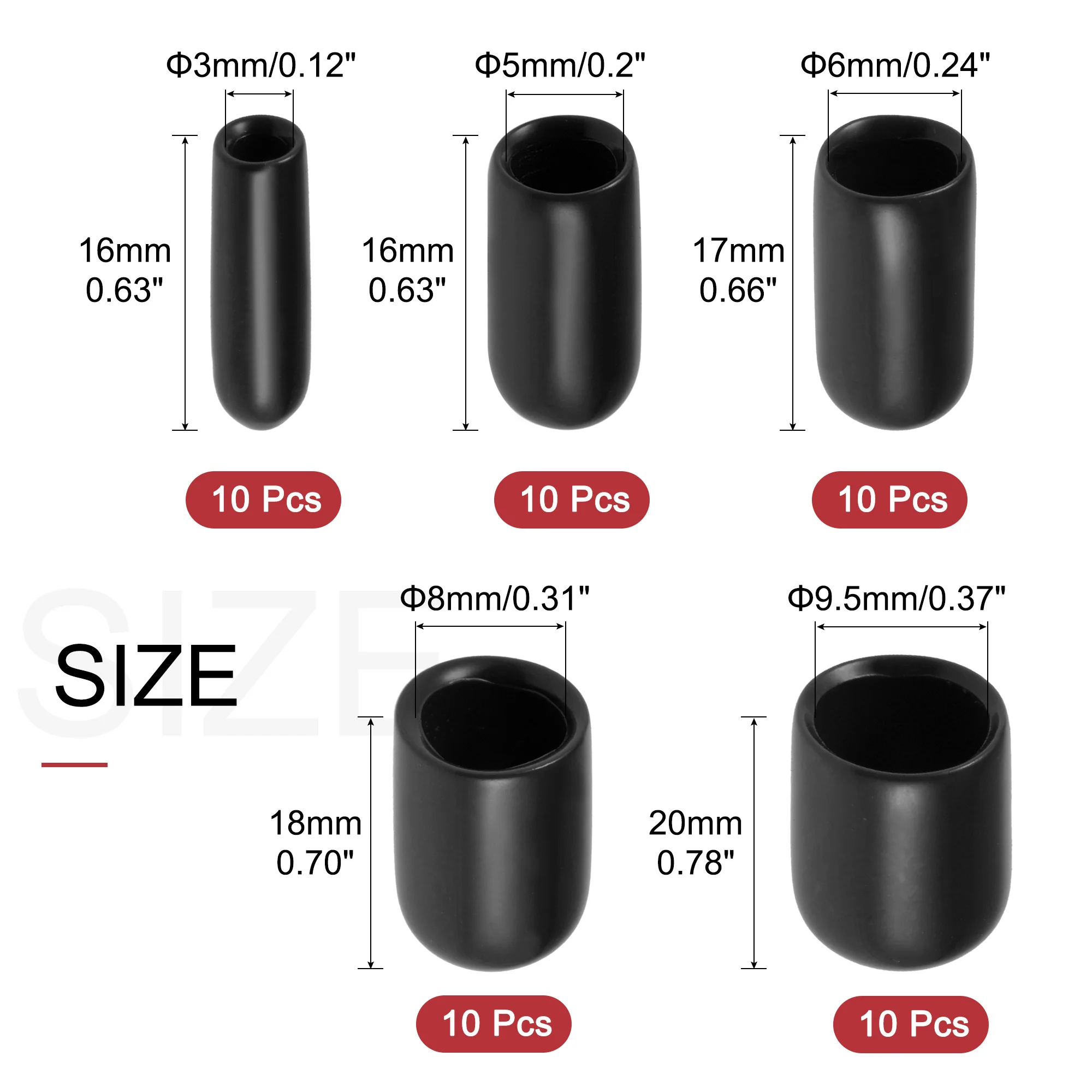 50Pcs Round Rubber End Caps 1/8" 3/16" 1/4" 5/16" 3/8" Vinyl Cover Screw Thread Protectors Assortment Kit Plastic Sleeve rubber end caps