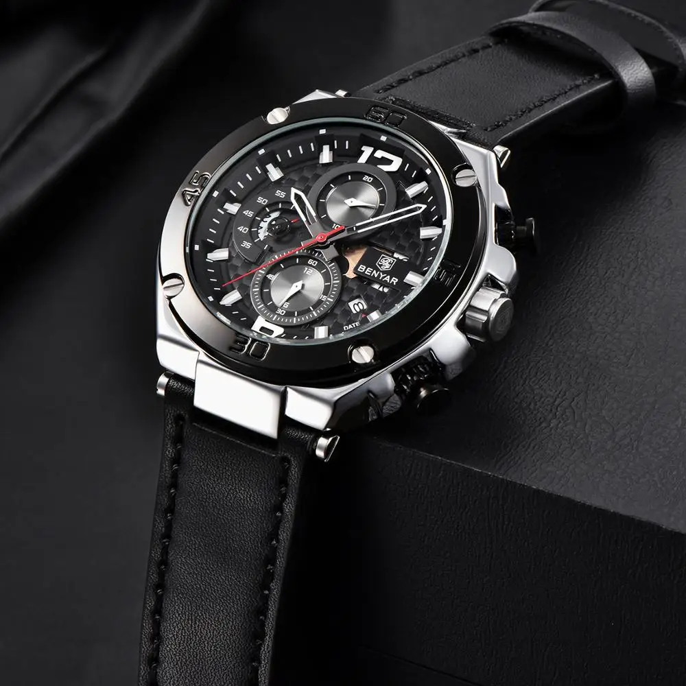 BENYAR 2023 New quartz men's watches fashion leather men wrist watch military waterproof chronograph watch men Relogio Masculino