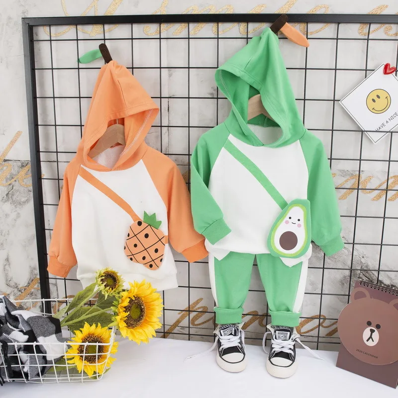 

Fashion Pineapple Avocado Hooded Pullover Hoody Children Fruit Set Spring New Style False Shoulder Bag Two-Piece Set