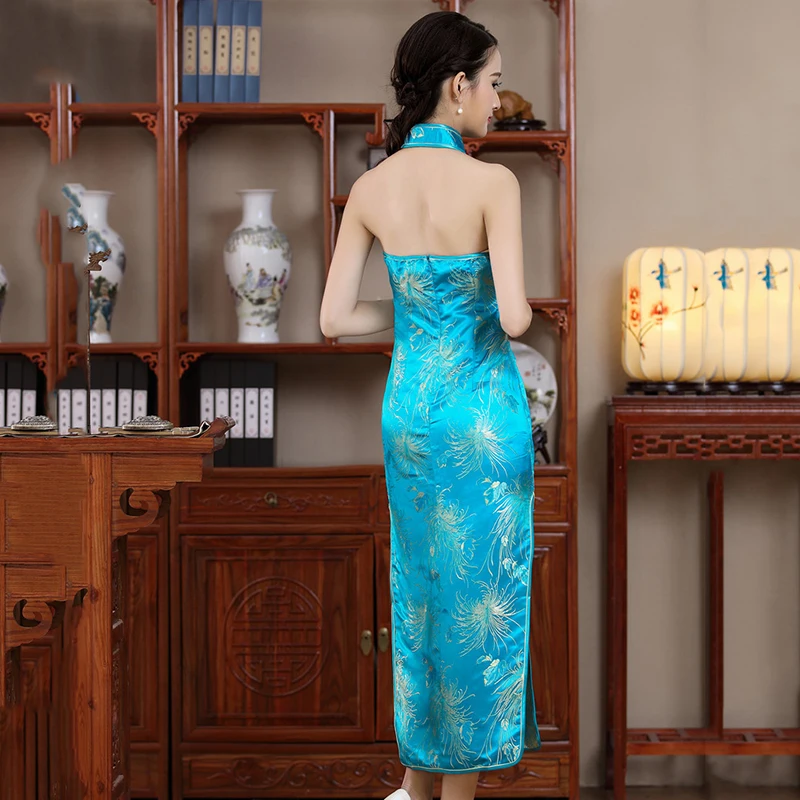 Холтер синий вязаный цветок для женщин Новинка Qipao спинки Элегантный длинный Cheongsam Vestidso атласное сексуальное обтягивающее летнее Новое китайское платье