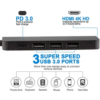 

5 in 1 Type C to 3.0 Hub HDMI Thunderbolt Adapter For MacBook Samsung Galaxy S9 Huawei P20 Mate 20 Pro Super Speed USB 3.0