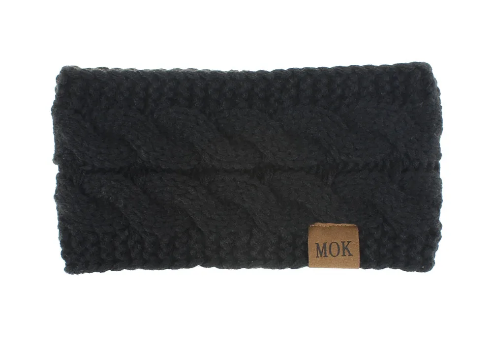 1 Black with MOK Широкая вязанная шерстяная повязка на голову, зимняя теплая Ушная повязка для женщин, вязаные крючком аксессуары для волос в виде тюрбана, повязка на голову для девушек, головные уборы, теплые ушные вкладыши WH110D - Цвет: 1 Black with MOK