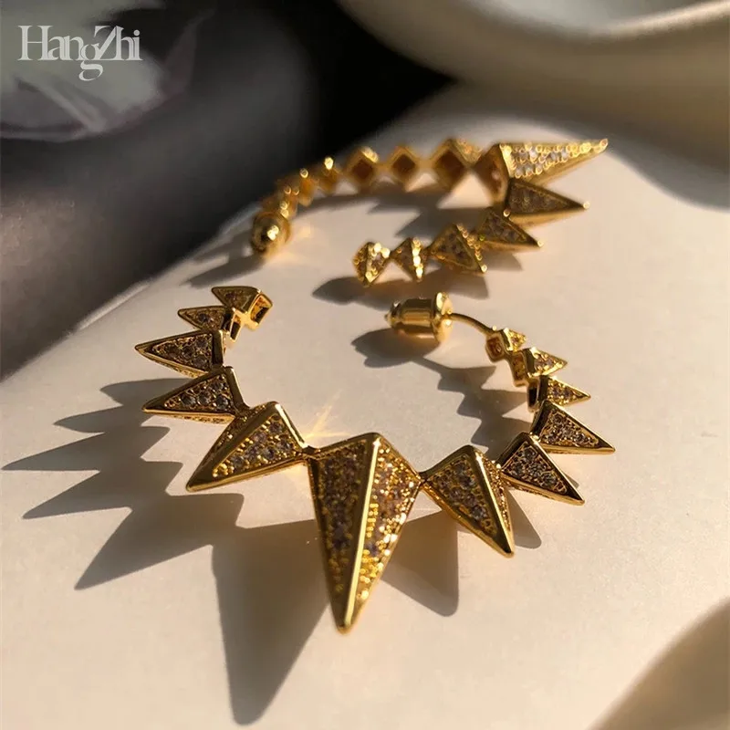 

HANGZHI 2020 Exaggerated Metal Geometric Irregular Rhinestone Triangle Cone Stud Earrings Vintage for Women Girls Jewelry