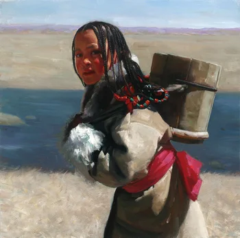 

TOP artist perfectly painted oil Printing on canvas: Chinese Tibetan girls carrying water