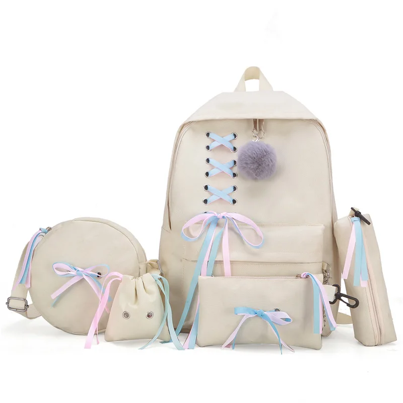 Student bag summer bow five piece set high school student bag Korean version large capacity Middle School Student Backpack - Цвет: A Beige