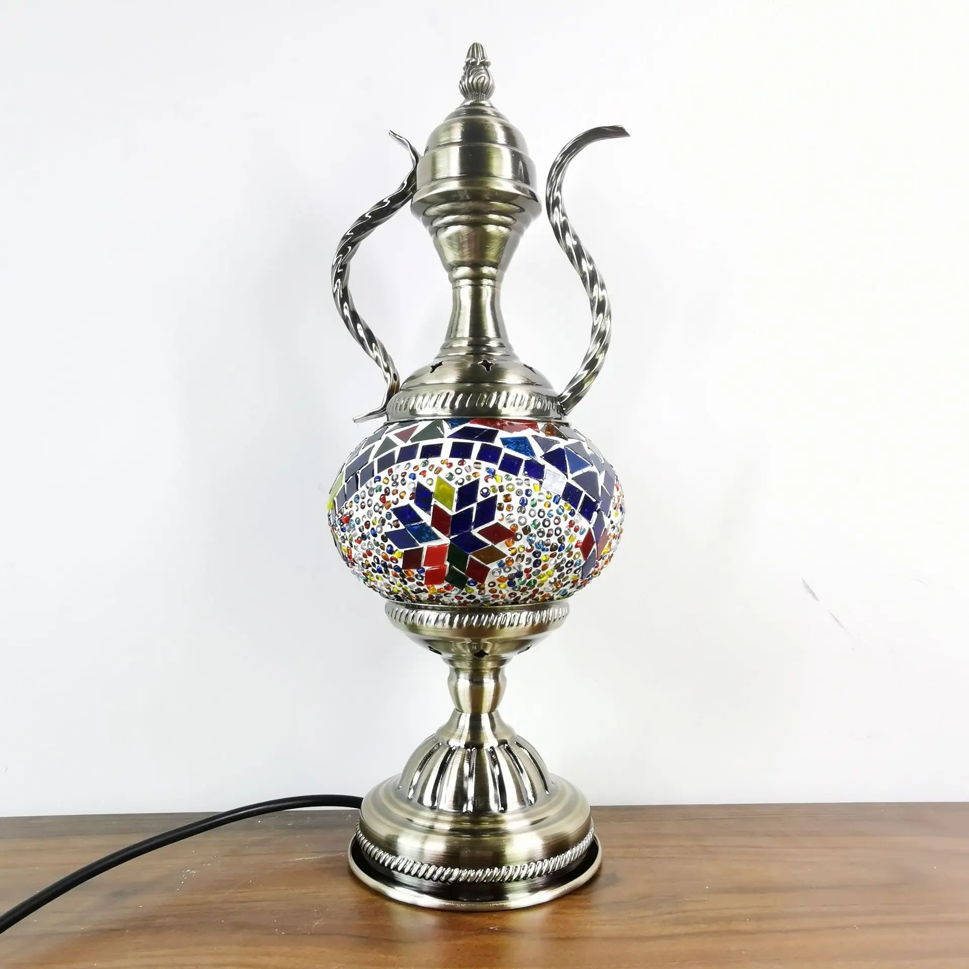 Turkish Style Exotic Retro Glass Decorative Table Lamp Coffee Pot Living Room Bedroom Bedside Led Night Light