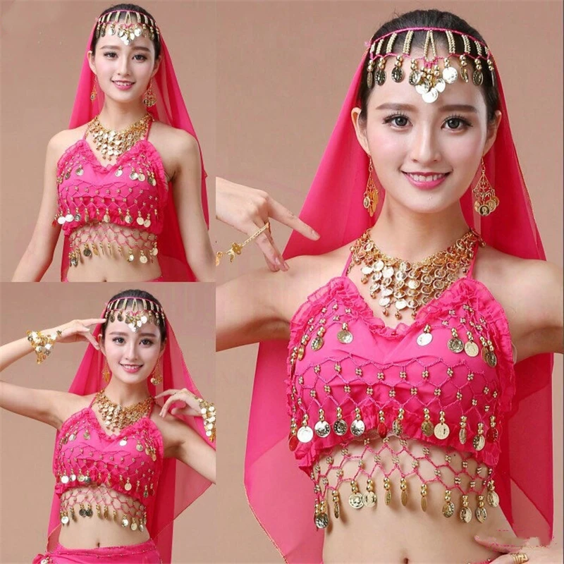 Болливуд набор костюма для танца живота Индийский танец сари танец живота юбка костюм женский шифон 5 шт.(головные уборы вуаль Топ Пояс юбка