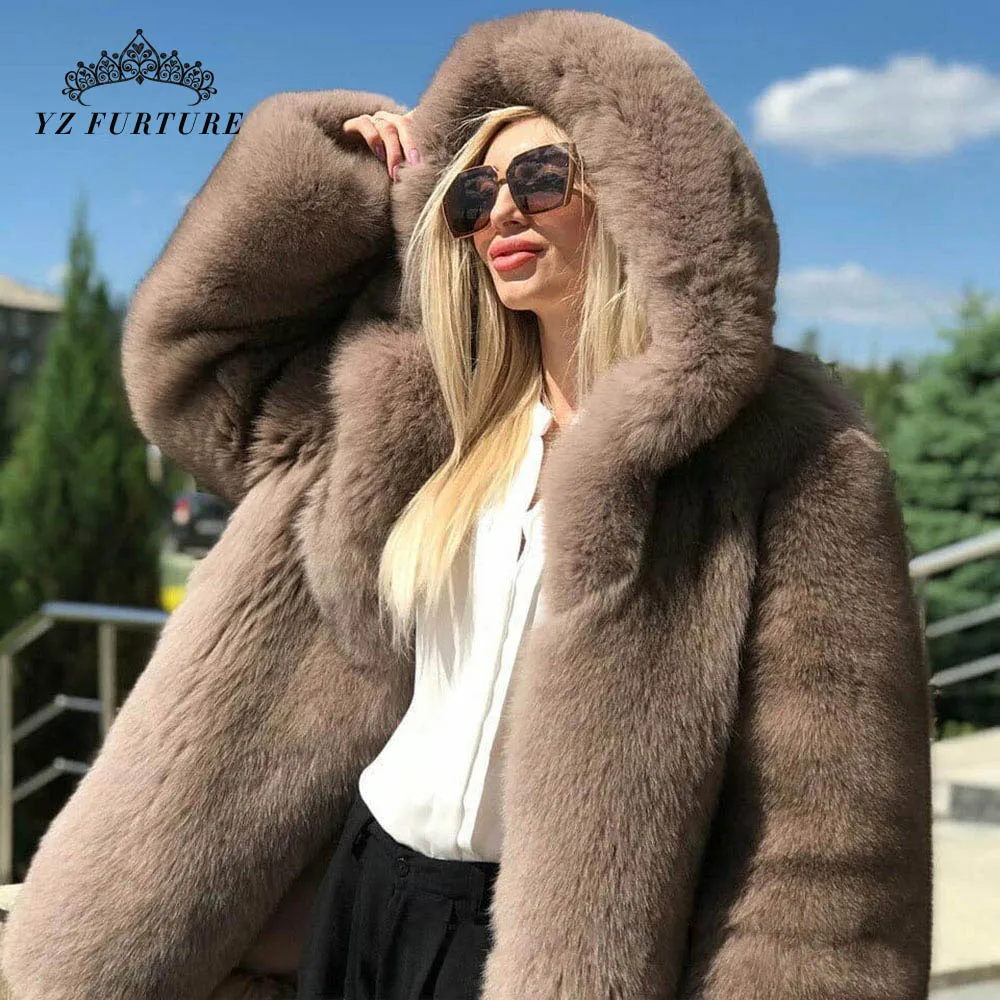 Новое модное натуральное пальто из натурального Лисьего меха женская короткая зимняя куртка с большим меховым капюшоном теплая натуральная Серебряная шуба