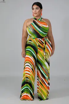 

Plus Size L-4XL 2020 Spring Sexy Jumpsuit Women O-neck Sleeveless Striped Print Bodycon Clubwear Women Romper One Piece Outfits