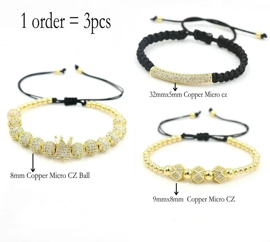 3pcs/Set Luxury Crown Bracelet Men Hip Hop Silver Color Micro Pave CZ Ball Charm Bracelets For Women Couples Pulseira Bileklik - Image 5