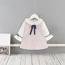 Платье для девочек новые осенние платья в консервативном стиле с расклешенными рукавами клетчатый для маленьких девочек, детская одежда с большим бантом, От 2 до 5 лет