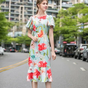 

Xiaomoli Celebrity lady temperament fashion petal sleeve flower printing slim fishtail dress 2020 new summer