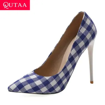 

QUTAA 2020 PU Leather Plaid Ladies Stilettos Fashion Pointed Toe Slip on Single Shoes Sexy Thin High Heel Women Pumps Size 34-43
